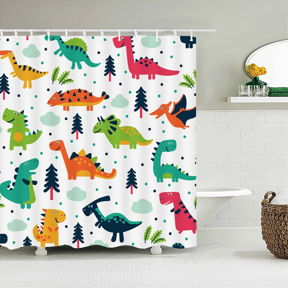 

Cortina de ducha de dinosaurio de dibujos animados, pantalla de baño para niños, cortinas de baño de poliéster impermeables,