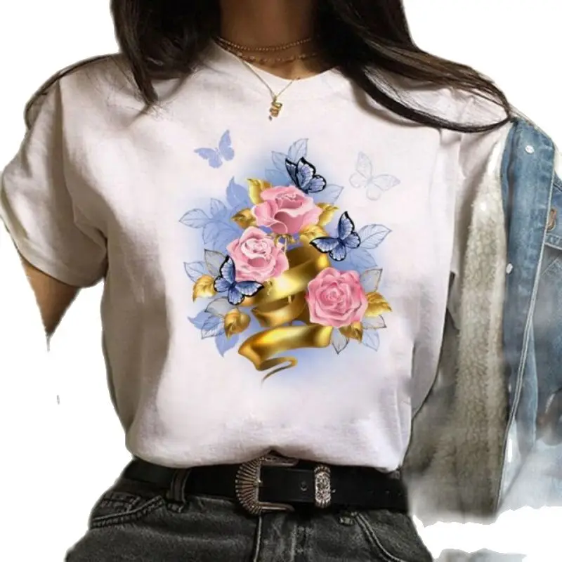 

Женская футболка с коротким рукавом, с цветочным принтом и круглым вырезом