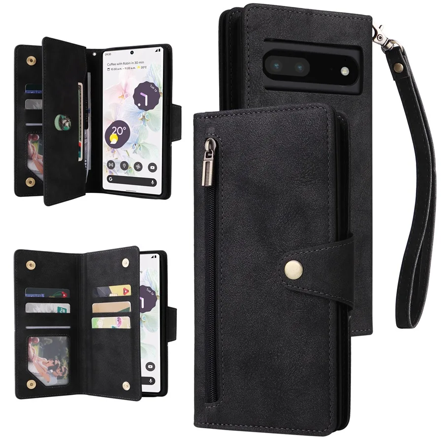 

Zipper Card Slots Holder Wallet Hand Strap Phone Case for Google Pixel 7 6 Pro 7A 6A 5A 4A 3A 5 4 3 XL Lite Leather Cover