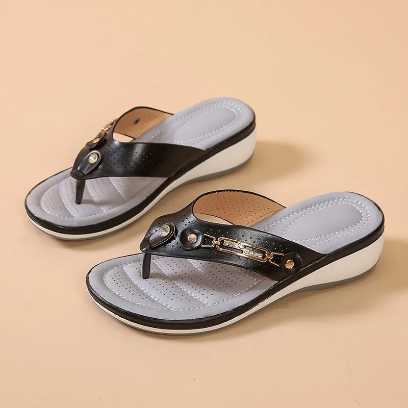 Women's Summer Slippers 2022 Metal Button Ladies Slippers Wedge Beach Sandals Outdoor Thick Bottom Casual Fashion Personality