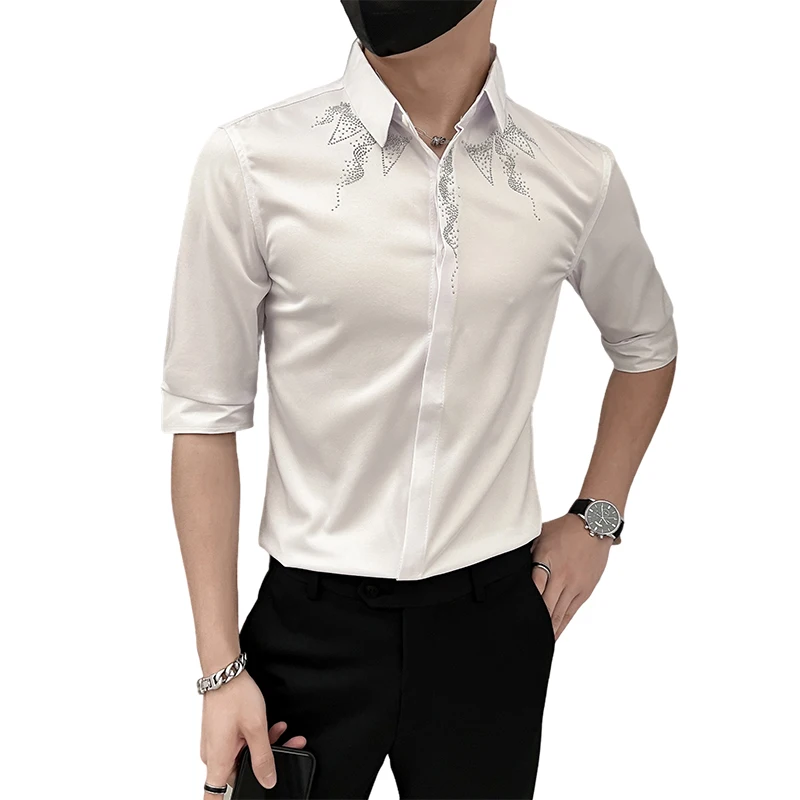 Rhinestone Men's Shirts Summer Half Sleeve Slim Casual Shirt Streetwear Social Party Nightclub Men Clothing Camisas Para Hombre