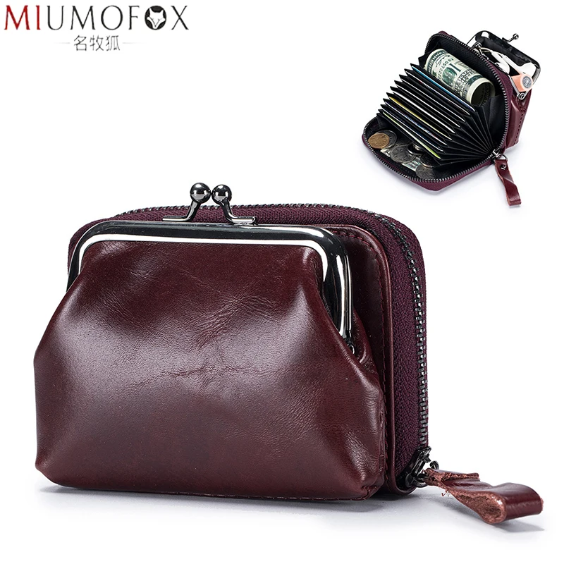 

Women Genuine Leather Mini Coin Purse Luxury Wallet Female Oil Wax Leather Metal Hasp Change Card Holder Small Wallet Money Bag