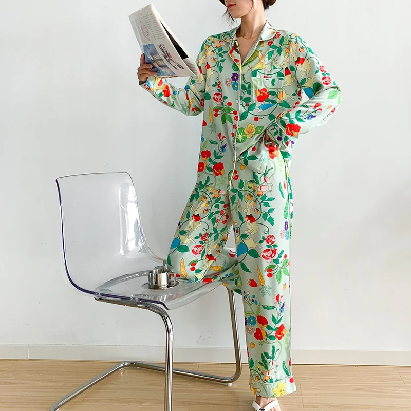 

Satin Country Style Print Sleepwear For Women Long-Sleeved Trousers 2 Pcs Ladies Pajamas Suit Green Loose Silk Home Nightwear