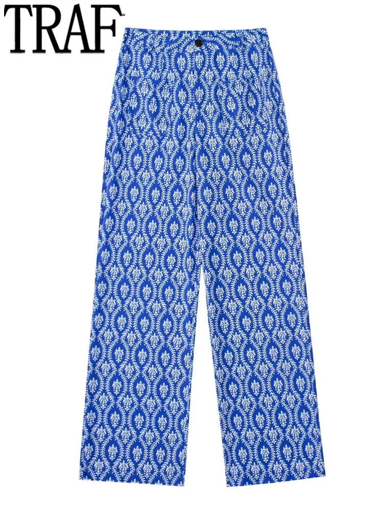 

TRAF Women Pants Sets Blue Printed High Waist Woman Trousers Fashion Loose Casual Pants Y2k Streetwear Straight Leg Trousers