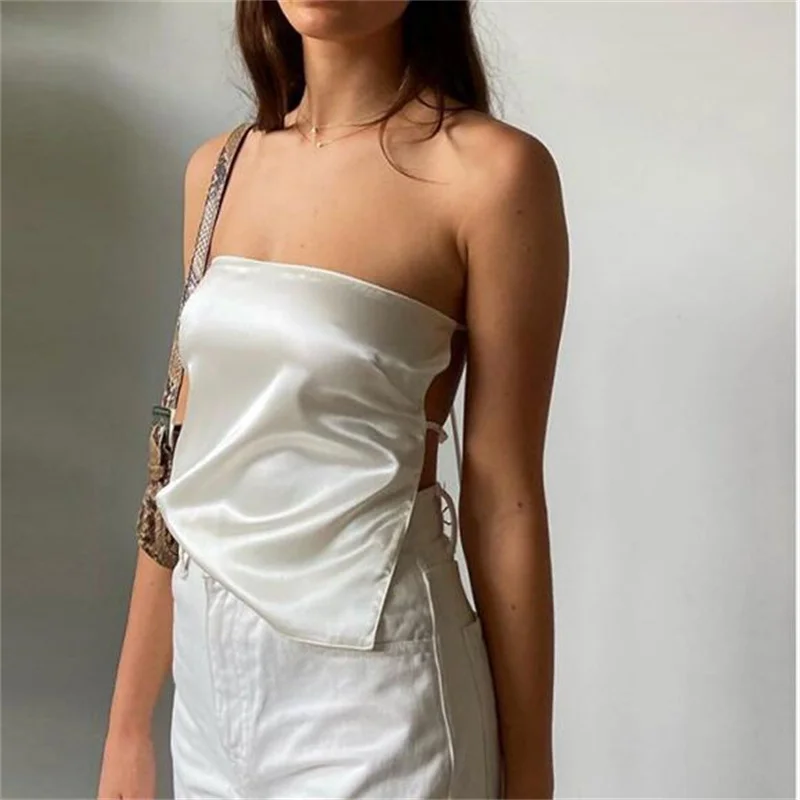 

2022 Satin Backless Sexy Crop Top Women Green Summer Bandage Sleeveless Strapless Tank Tops Off Shoulder
