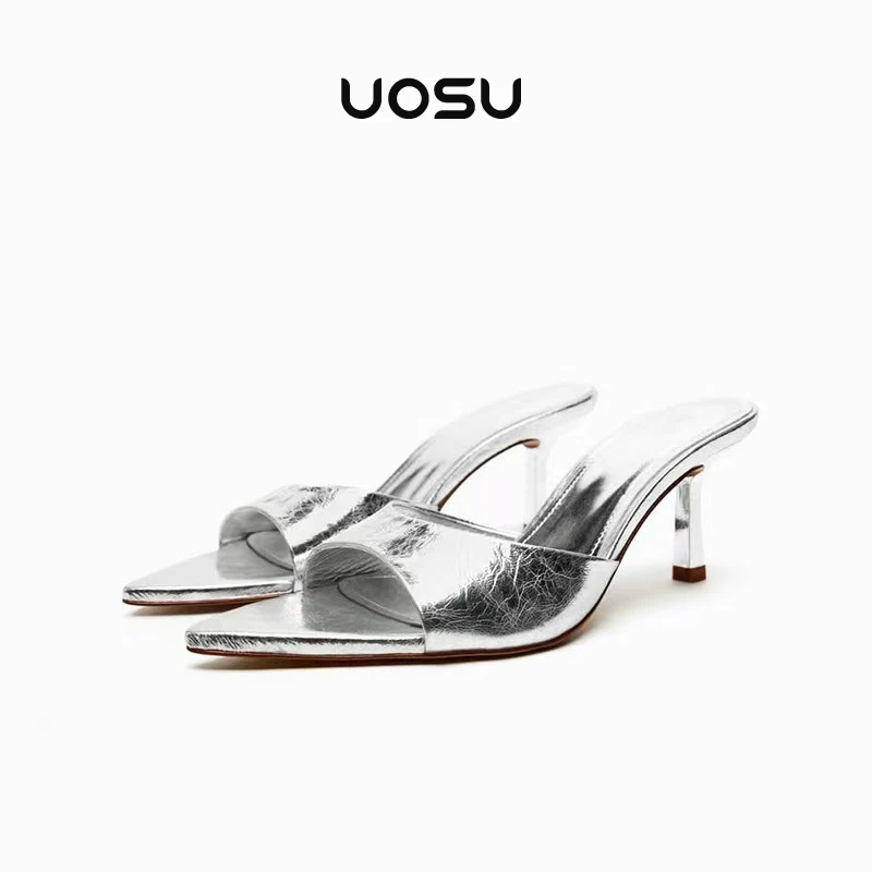 

Women Mules Sandals Concise Sling Back Pointed Toe Sexy Ladies Party Open Toe Shoes Back Strap High Heels Handmade