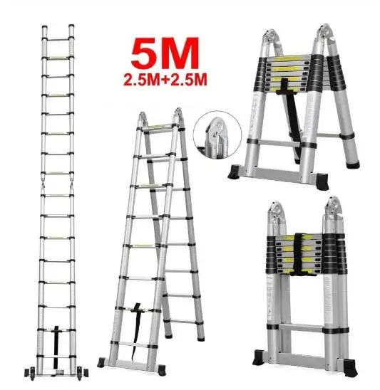 

5M New Foldable Ladders Stable Telescopic Aluminum Ladder Multi Purpose Industrial Herringbone Straight Ladder Step HWC