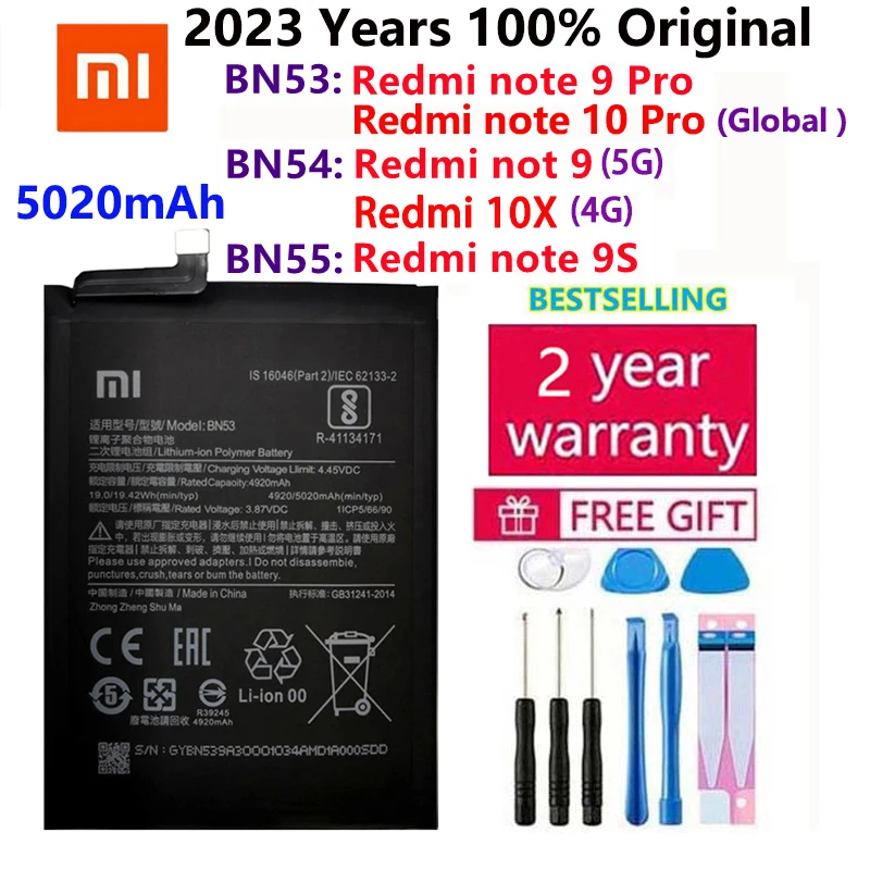 

2023 Years 100% Original Xiao Mi BN53 BN54 BN55 Phone Battery For Xiaomi Redmi note 9 10 Pro 9S 10X 4G 5G Replacement Batteries