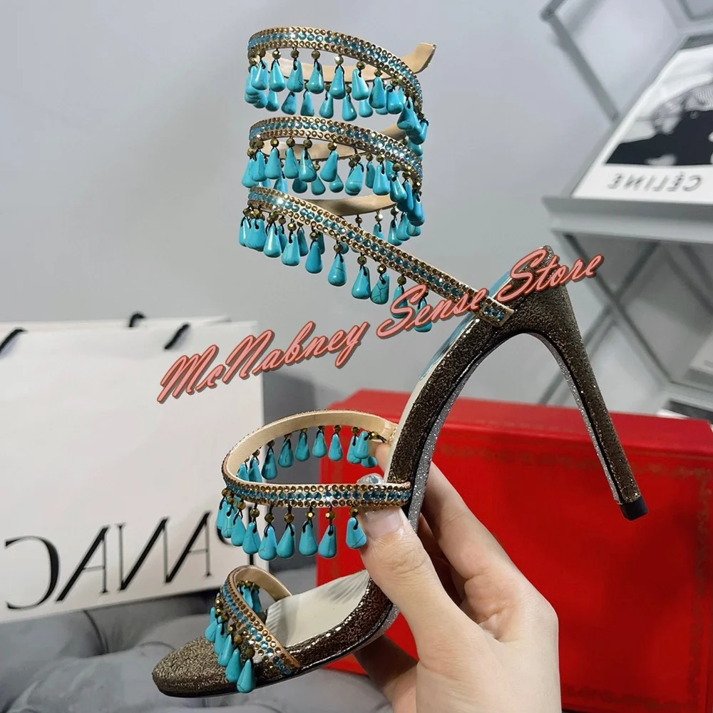 Blue Bead Fringe Sandals Snake Wrapped Slip On Thin High Heels Women Shoes Open Toe Bare Heels Mixed Colors Sandals Summer Party