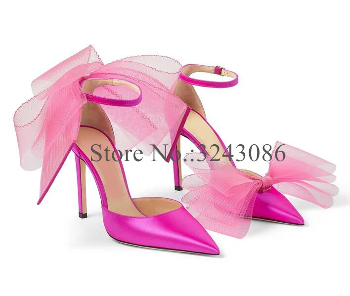 

New Rose Red Butterfly-knot Satin Woman Pumps Shoes Fashion Pointed Toe Thin Heel Lady Wedding Shoes Sexy Female Banquet Shoes