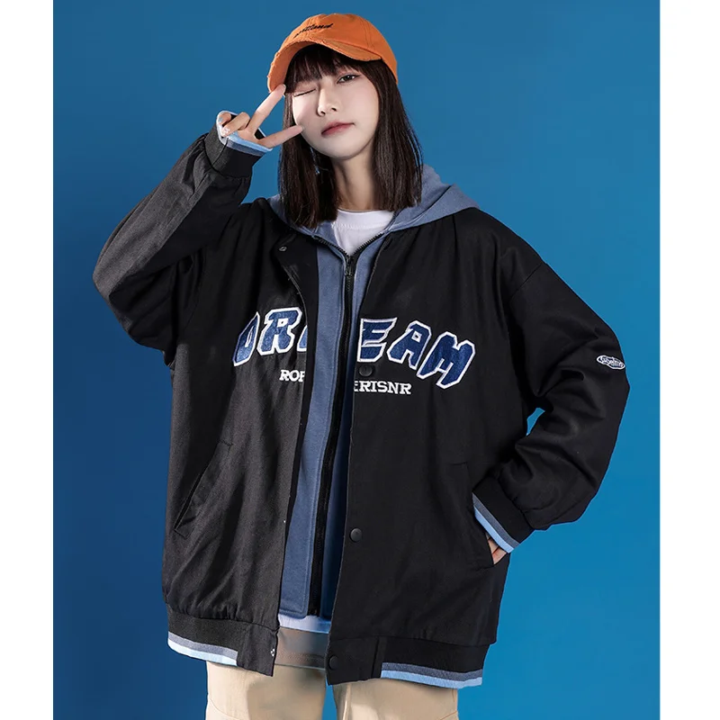 

Baseball Uniform Women Clothing Black Coat Korean Fashion Loose Zipper Letter Print Hooded Jacket Harajuku Style Tops Winter