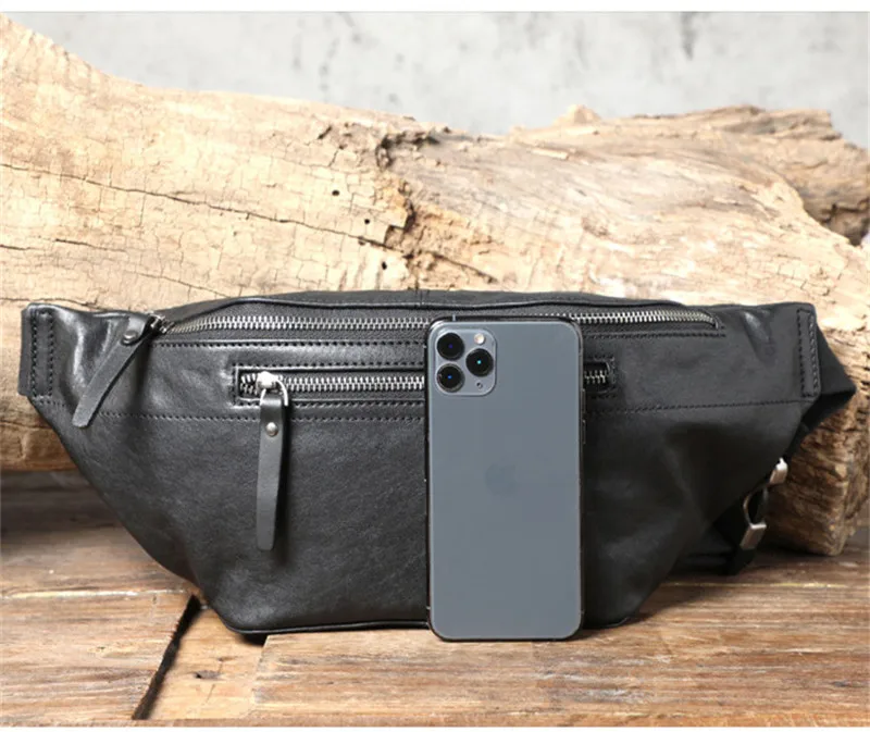 Fashion casual genuine leather men's black chest bag simple versatile natural soft real cowhide multifunctional waist pack Teens