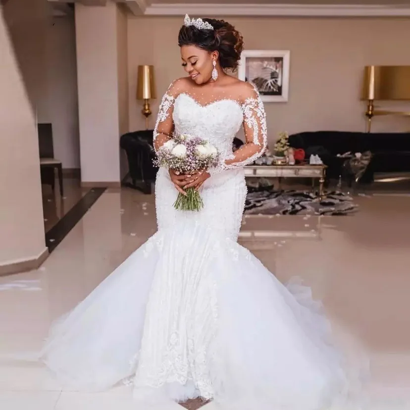 

GUXQD Africa Mermaid Women Wedding Dresses Long Sleeves ILLusion Appliques Bridal Gowns Formal Vestido De Noiva robe de mariée