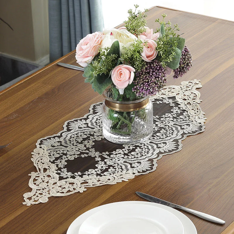 

Luxury European Black Lace Embroidery Drawers Towel Desk Flag Coffee Tablecloth Christmas Wedding Decoration Table Runner Mats