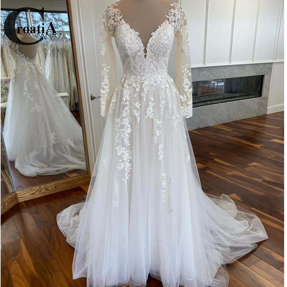 

Croatia Fashion Wedding Dresses New Vestido De Noiva Long Sleeves Chapel Train Gelinlik Dubai Bridal Engagement Robe Mariee