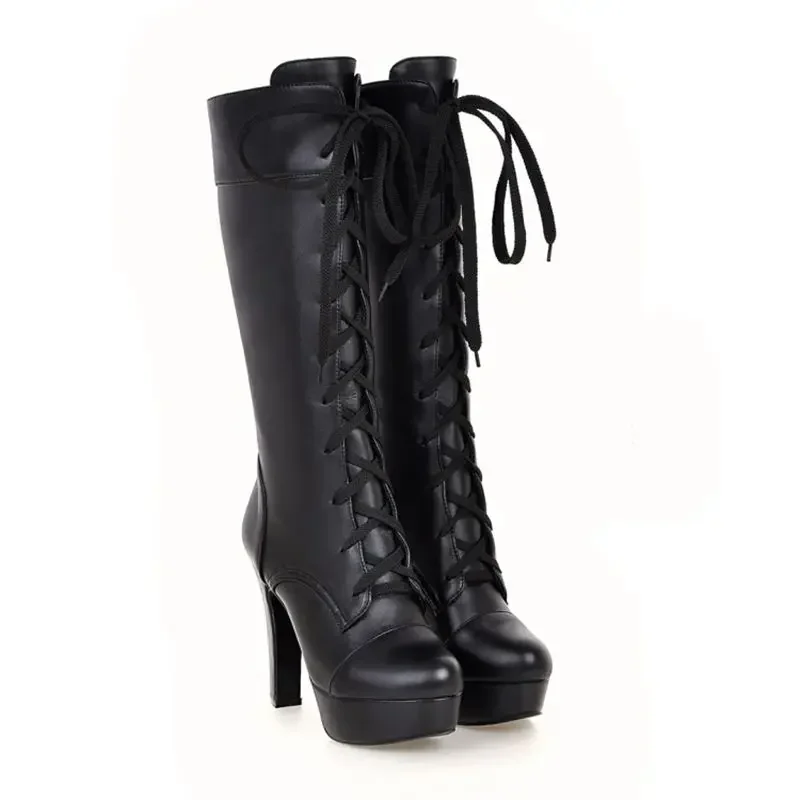 New Fashion Small Big Size 31-45 Woman Boots Autumn Winter Warm Lace Up High Heels Long Women Shoes