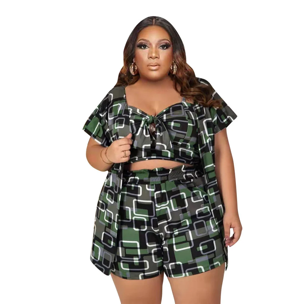 Plus Size Women Casual Three Pieces Sets 2023 Summer High Waist Mini Shorts Spaghetti Strap Tank Tops Loos 3xl 4xl 5xl 6xl