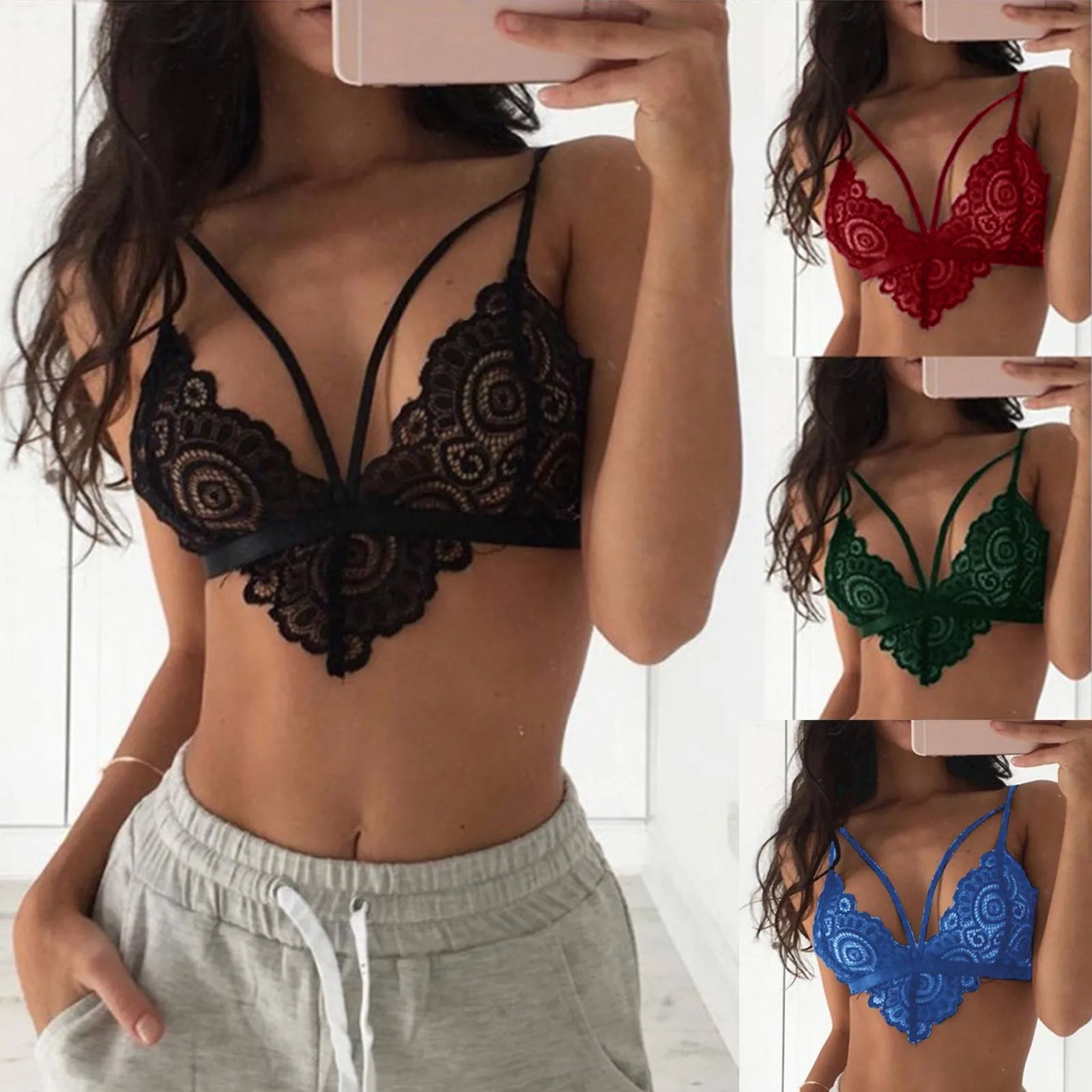 

Ladies Strap Lace Crochet Cutout Teddy Lingerie Embroidery Gauze Underwear Inside Camisole Strappy Bras Sleeveless Lace Crop