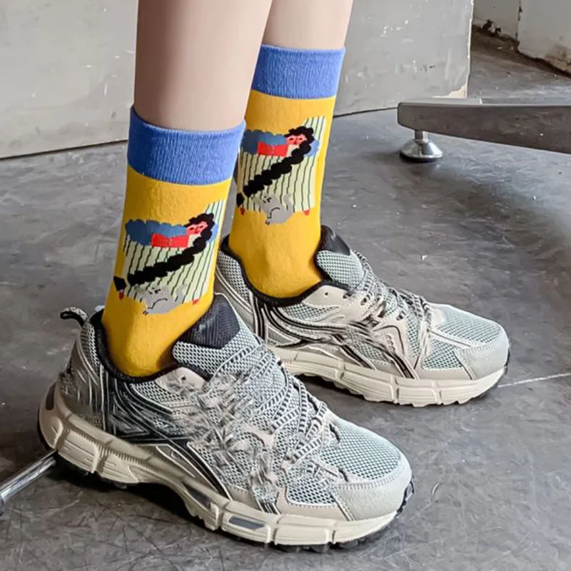 5 Pairs Korean Style Women Socks Cartoon Print Winter Socks Cotton Long Cute Japanese Fashion Female Luxury Cycling Leg Warmers