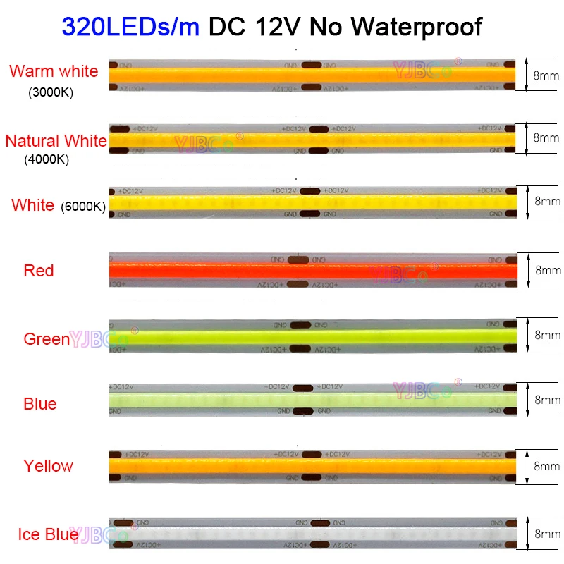 

12V DC 5m 320LEDs/m single color COB LED Strip White/Warm white/Blue/Ice Bule/Red/Green/Yellow Flexible FCOB Light Tape