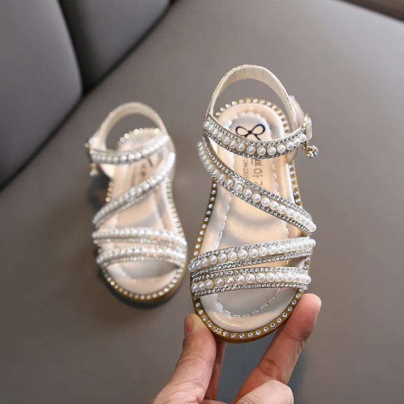 

Sandals Summer Girls Shoes Bead Flats Fling Princess Shoes 2022 New Baby Dance Shoes Kids Sandals Children Wedding Shoes Pink