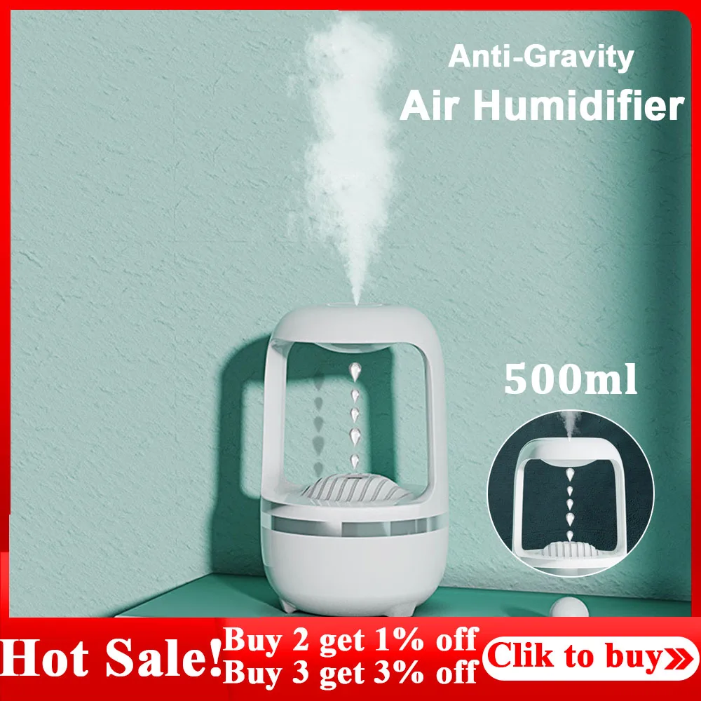 

500ml Ultrasonic Air Humidifier Mist Droplet Backflow Anti Gravity Levitating Water Drop Quiet Air Diffuser Bedroom Home Hotel