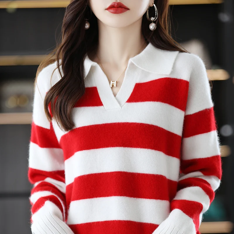 

Polo Collar Pure Wool Autumn And Winter New Striped Contrast Pullover Knitted Base Long Sleeve Sweater Women's Loose Top