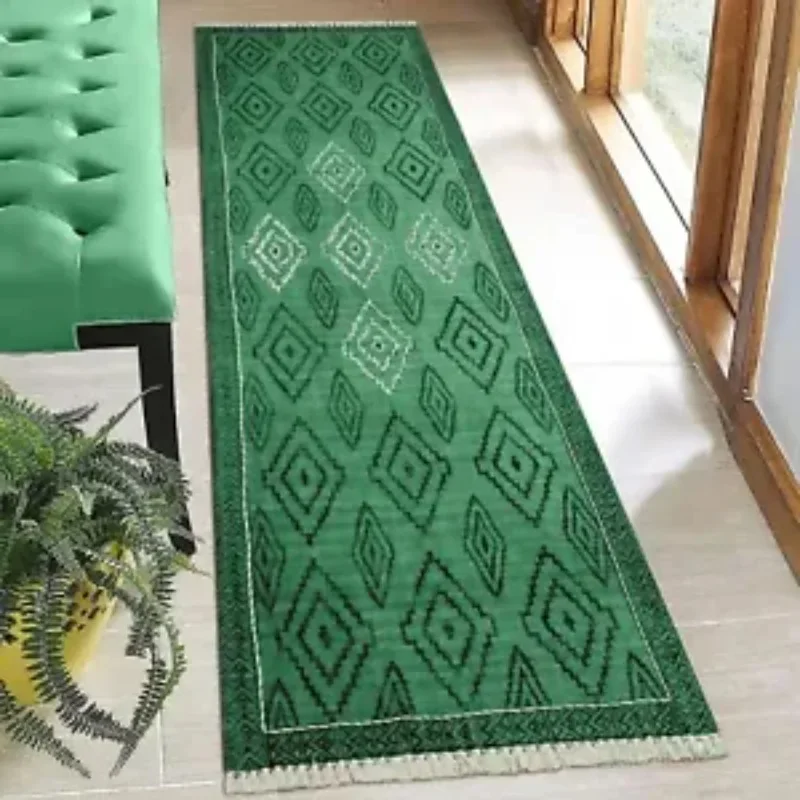 

Handmade Cotton Carpet Kitchen Green Mat Stare Runner Area Rug Living Room Kilim