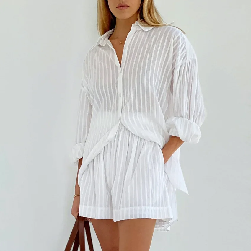 

2022 Summer Top Set Puff Sleeves High Waist Shorts Shirt Two-piece Commuter Korean Version Casual Jacquard Striped Woman Shorts