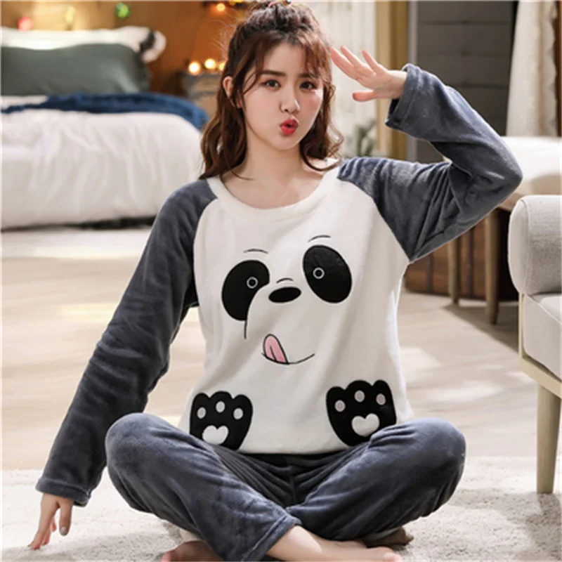 Pajamas Set Casual Sleepwear For Women Soft Cartoon Flannel Pyjama Women's Fashion Winter Warm Full Sleeve Homewear Plus Size