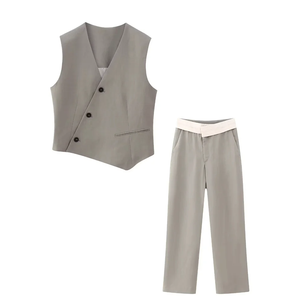 

2023 summer new V-neck asymmetric design single-breasted vest 7655728 contrast color waist long pants 3173728