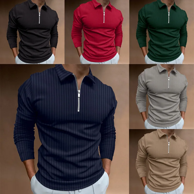 

2023 Spring Male Outfits Solid POLO Shirt Tops Long Sleeve Men's Slim Pullovers Zipper Striped