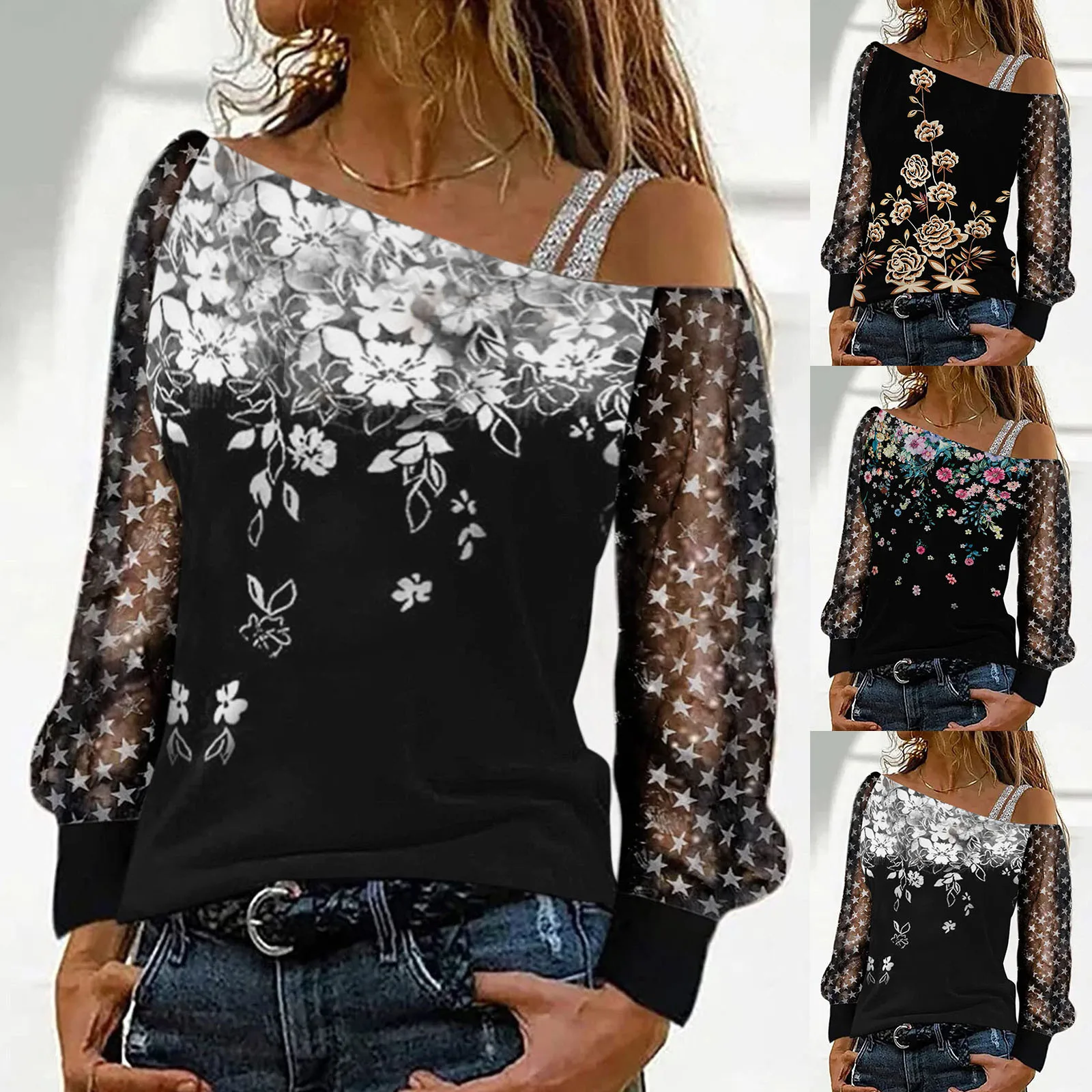 

Cold Shoulder Tunic For Women Fashion Ladies Sexy Casual Printed Single Shoulder Blouse Long Long Sleeve White Women Shirt