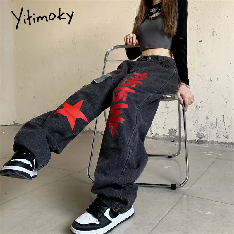 

High Waist Women Ripped Jeans Vintage Streetwear Pentagram Straight Baggy Trouser Fashion Casual New Autumn Wide Leg Denim Pants