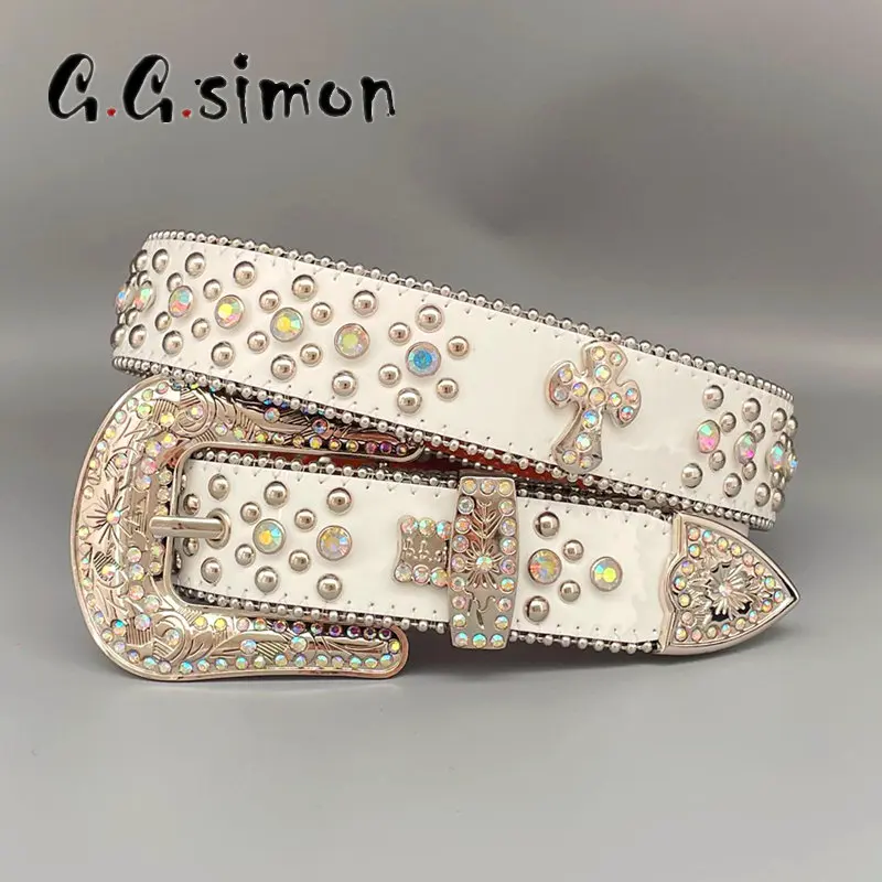 GGSIMON Western Rhinestone Belts Luxury Diamond Casual Luxury Shiny Cross Adult Strap Belt Cowboy Cowgirl Cinturones Para Hombre