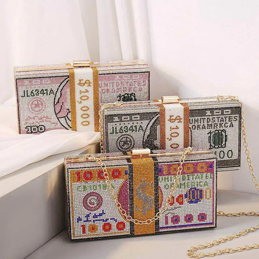 

Hot Sale Money Clutch Rhinestone Purse 10000 Dollars Stack of Cash Evening Handbags Shoulder Crystals Diamond Wedding Dinner Bag