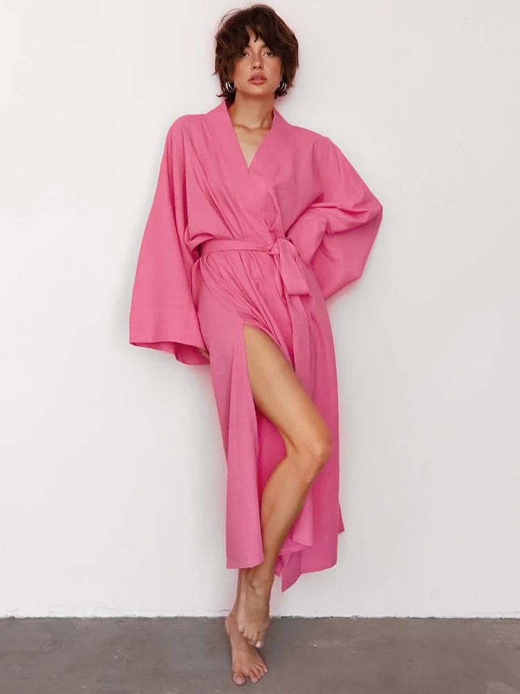

Linad Loose Robes For Women Long Sleeve V Neck Sleepwear Sashes Casual Bathrobe Female Autumn 2022 Woman Clothes Solid Robe