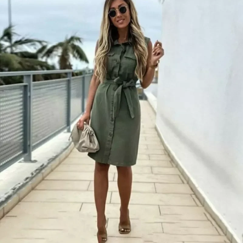 

NEW IN Vintage Front Button Sashes Sheath Party Dress Sleeveless Turn Down Collar Casual Mini Dress 2021 Summer Fashion New Dres