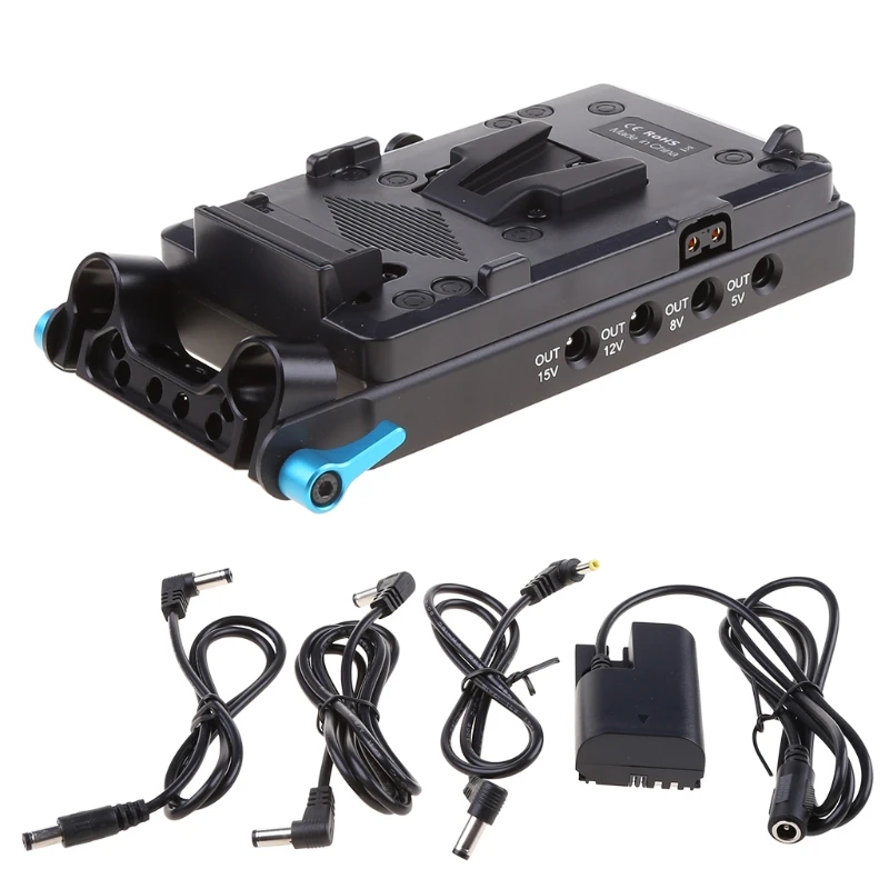 

V Mount V-Lock Battery Plate Adapter with 15mm Dual Hole Rod Clamp LP-E6 Dummy Battery for -Canon 5D2/5D3/5D4/80D/6D2