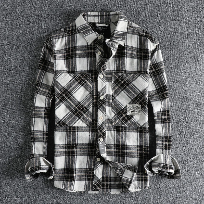 Thick autumn and winter washed sanding fabric plaid long sleeve shirt men's American tooling big pocket trend youth shirt