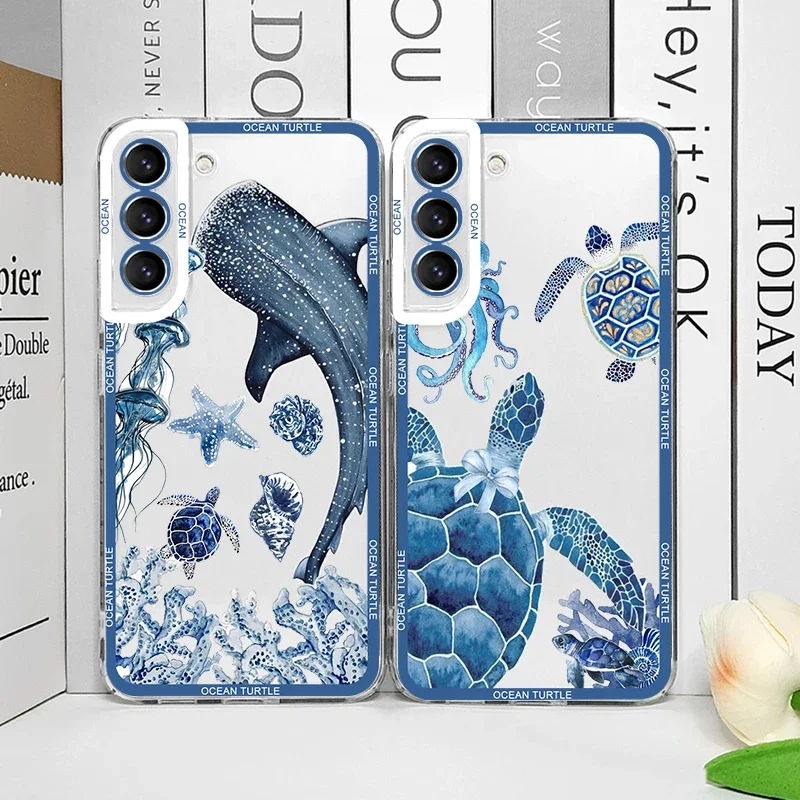Фото Чехол для телефона Cool Ocean Turtle для Samsung Galaxy S22 S23 S24 S25 Ultra S20 Plus S21 FE Sea Blue Turtle Design Clear Covers Fundas №1