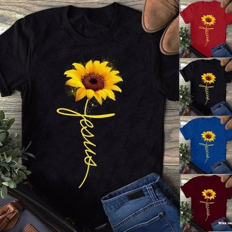 

Sunflower Jesus Letter Print T Shirt Women Short Sleeve O Neck Loose Tshirt Summer Women Tee Shirt Tops Camisetas Mujer