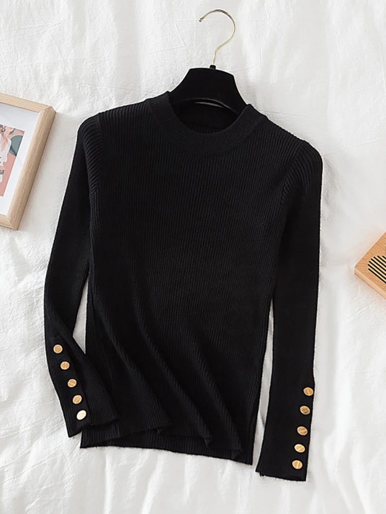 2023 women thick sweater pullovers khaki casual autumn winter button o-neck chic sweater female slim knit top soft jumper tops