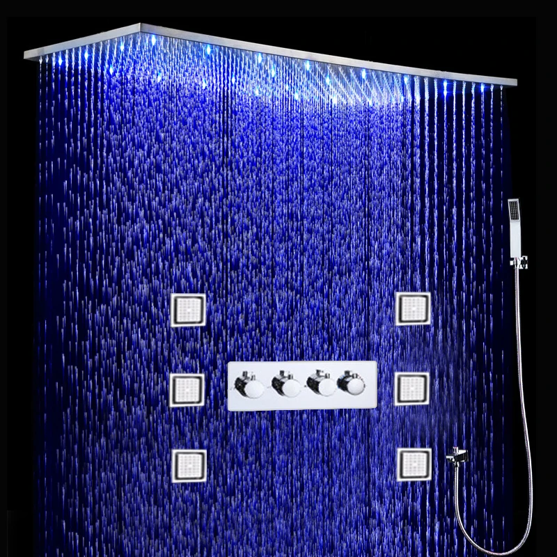 

High Quality Large LED Shower Set 500x1000MM Ceiling Rainfall ShowerHead Syatem Thermostatic Diverter Faucets Massage Body Jet