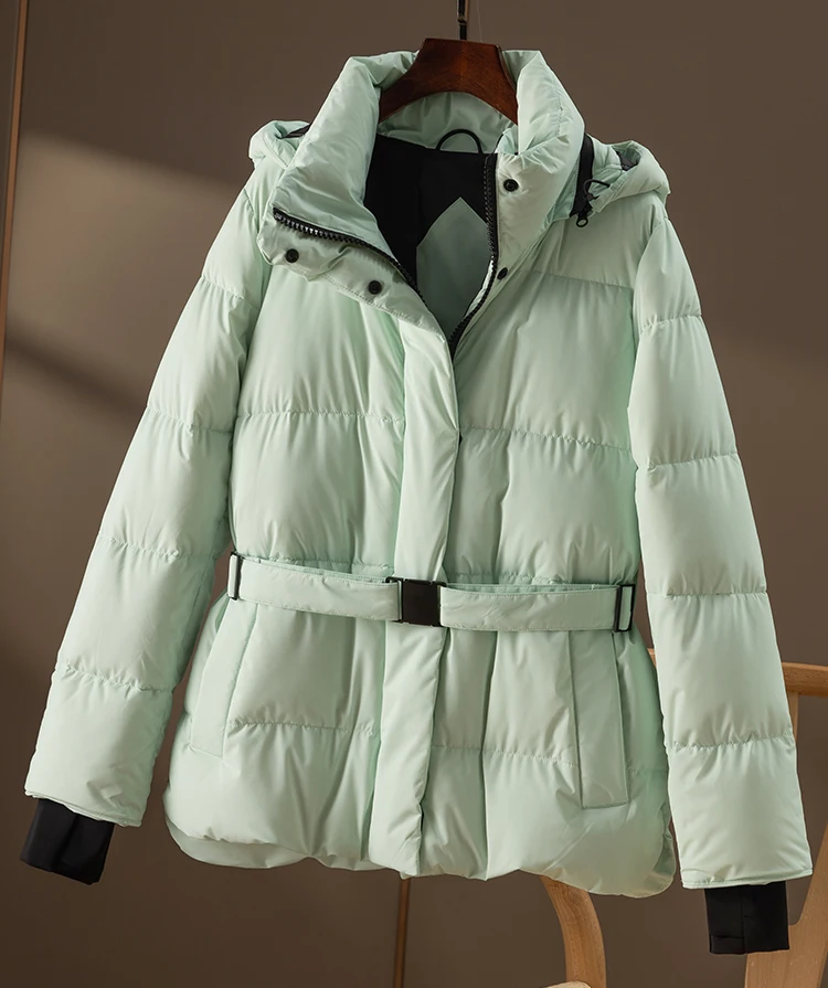Sporty Style 95%  White Duck Down Jacket Women Winter Zipper Hat Detachable Adjustable Waist  Coat  Puffer Jacket