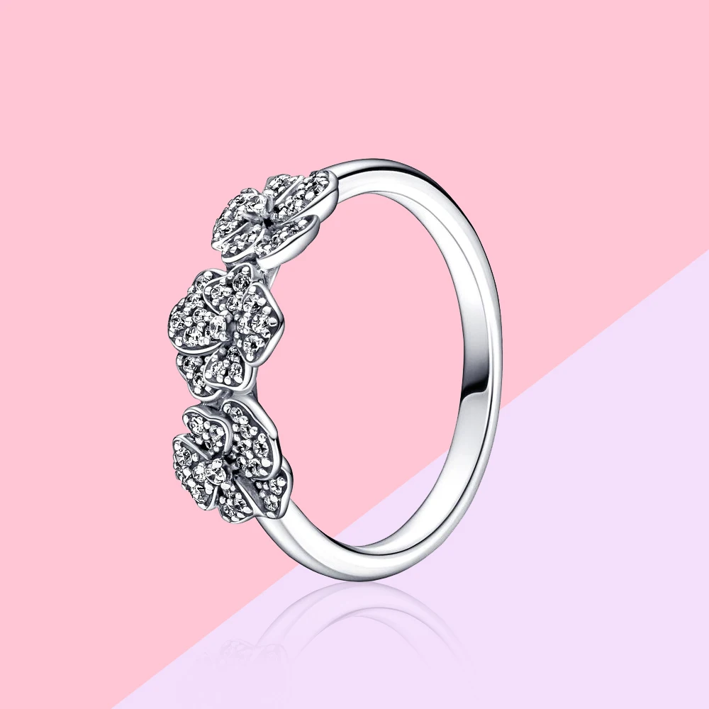

925 Silver Spring Story Series Three Pansy Rings Silver Romantic and Beautiful Jewelry Fit for Pandora for Ladies Gifts