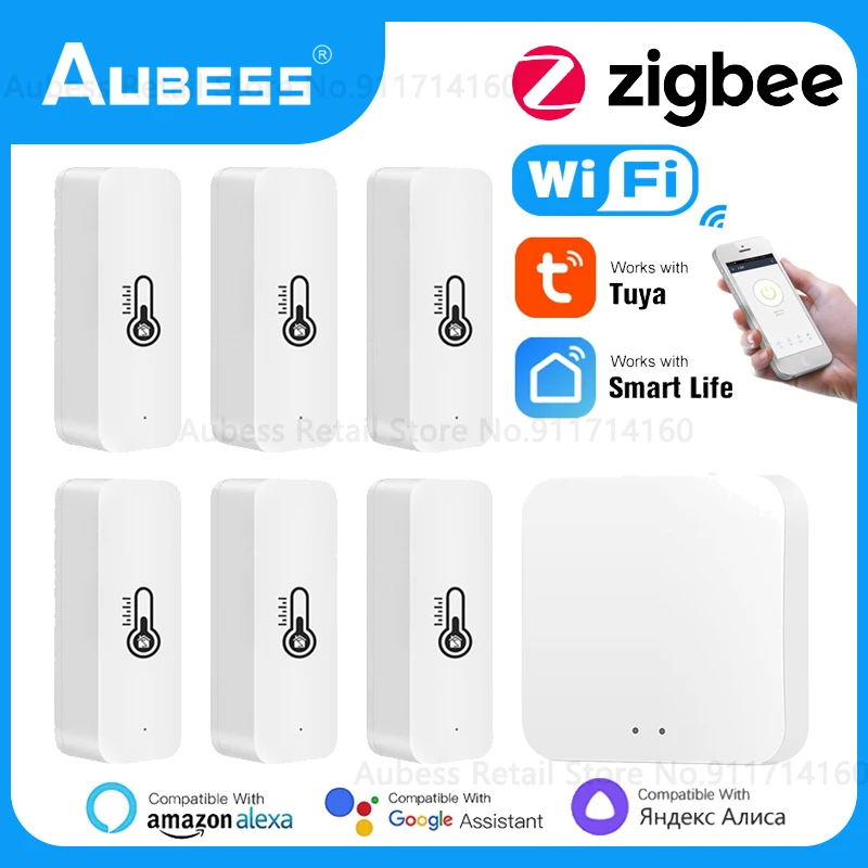 

Умный датчик температуры и влажности Aubess Tuya Wi-Fi/ZigBee, комнатный термометр, гигрометр для Smart Life, Alexa, Google Home Assistant