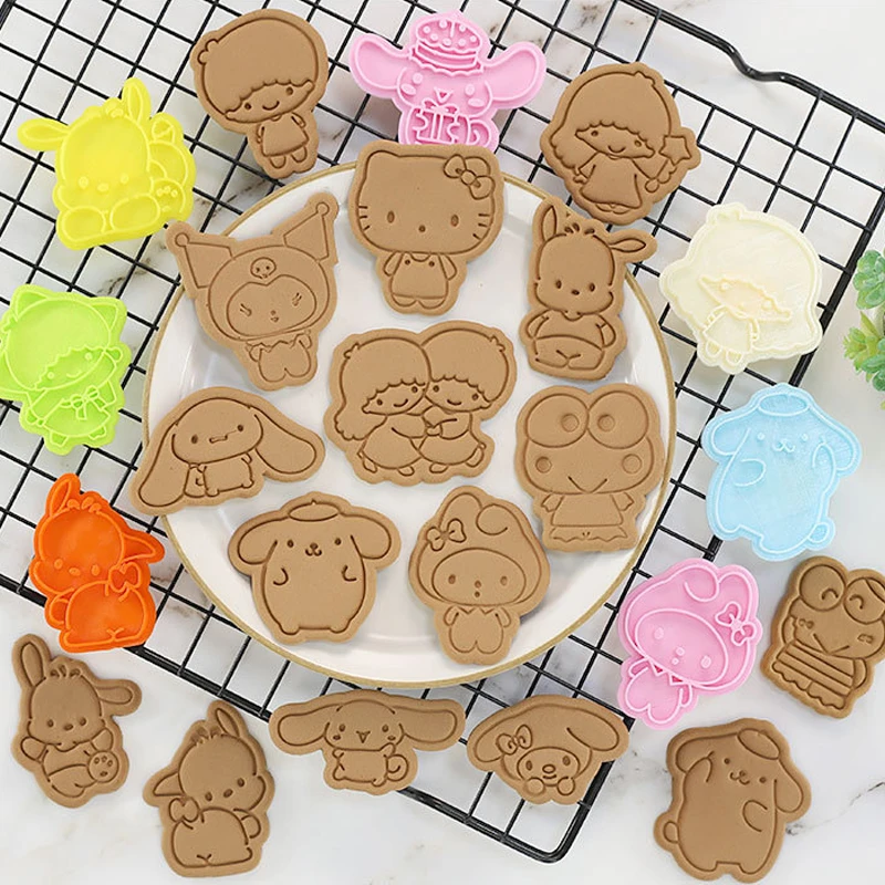 

8PCS Set Kawaii Sanrio Figure Toy Hello Kitty Kuromi Cinnamoroll Dog Shape Cookie Mould Pattern Biscuit Mold DIY 3D Cutters