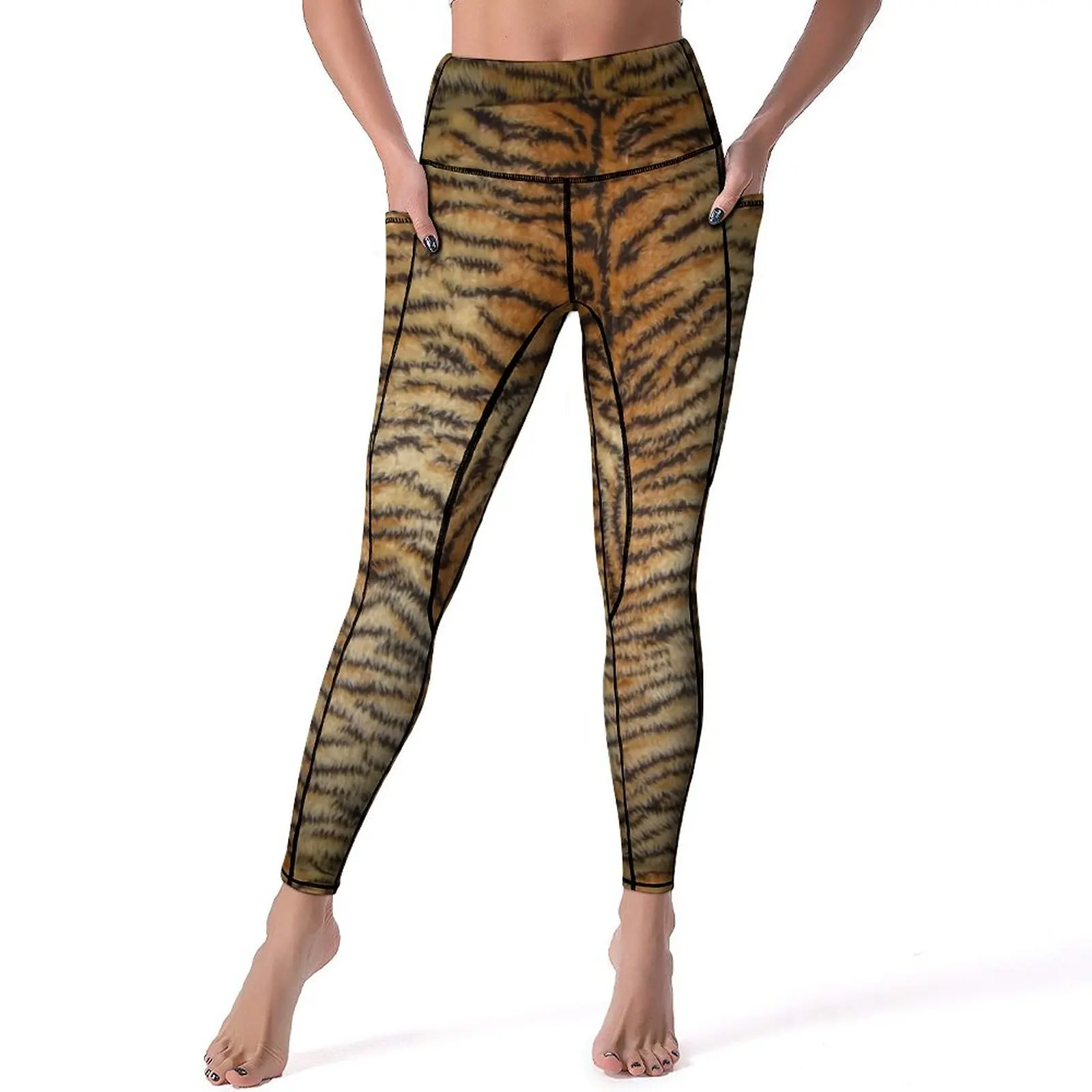 

Tiger Print Yoga Pants Pockets Fur Animal Stripes Leggings Sexy High Waist Breathable Yoga Sports Tights Stretchy Custom Leggins