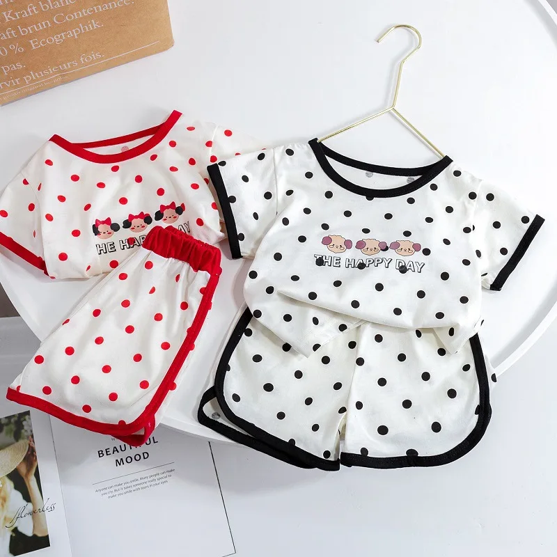 

Children's Summer Clothing Suit Girls Tops Polka Dots Pattern Girls Casual short sleeve Cotton T-shirt+shorts 2 pcs Sets 1-6age
